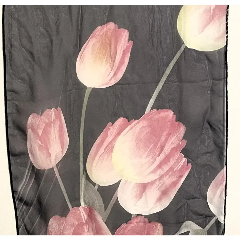 Navy & Pink Tulip Scarf Womens Rectangle Sheer Lightweight Floral 58